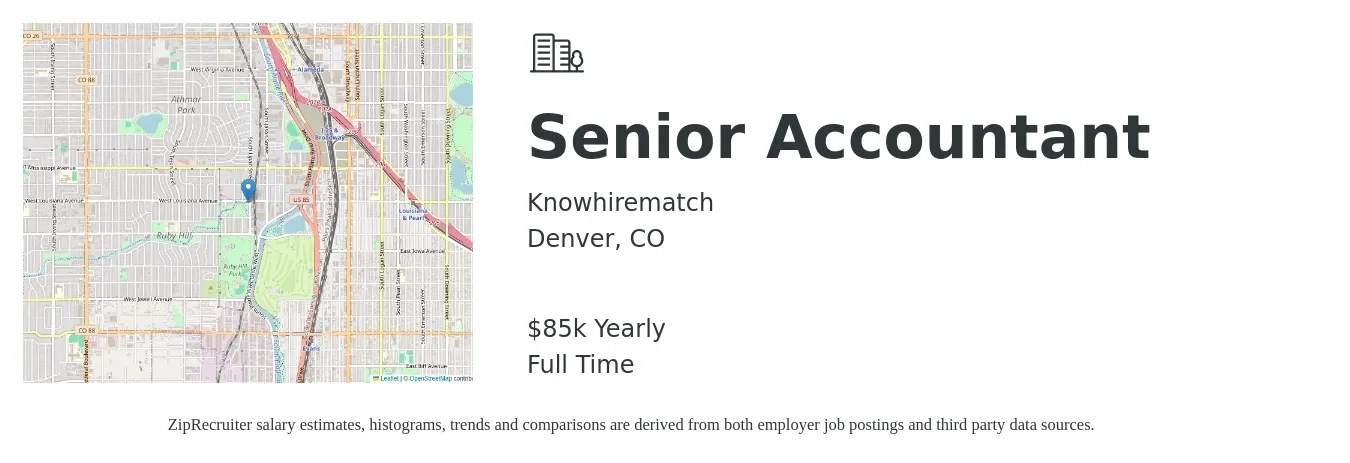 Knowhirematch job posting for a Senior Accountant in Denver, CO with a salary of $86,000 Yearly with a map of Denver location.