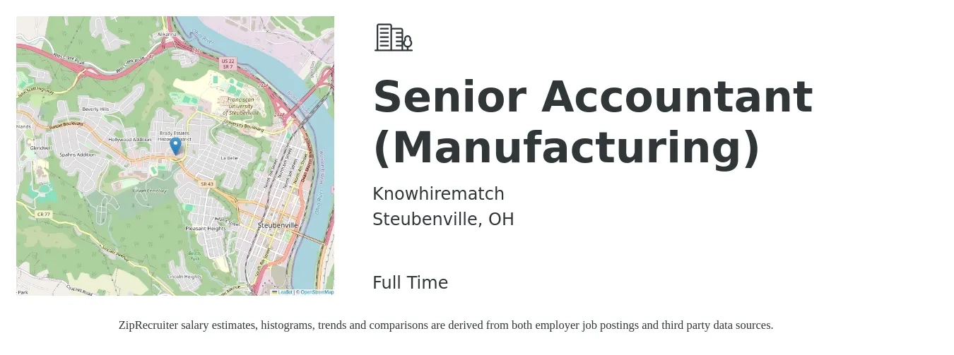 Knowhirematch job posting for a Senior Accountant (Manufacturing) in Steubenville, OH with a salary of $64,700 to $81,300 Yearly with a map of Steubenville location.