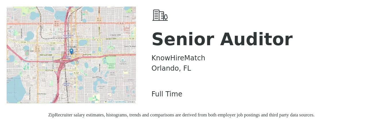 Knowhirematch job posting for a Senior Auditor in Orlando, FL with a salary of $75,600 to $92,900 Yearly with a map of Orlando location.