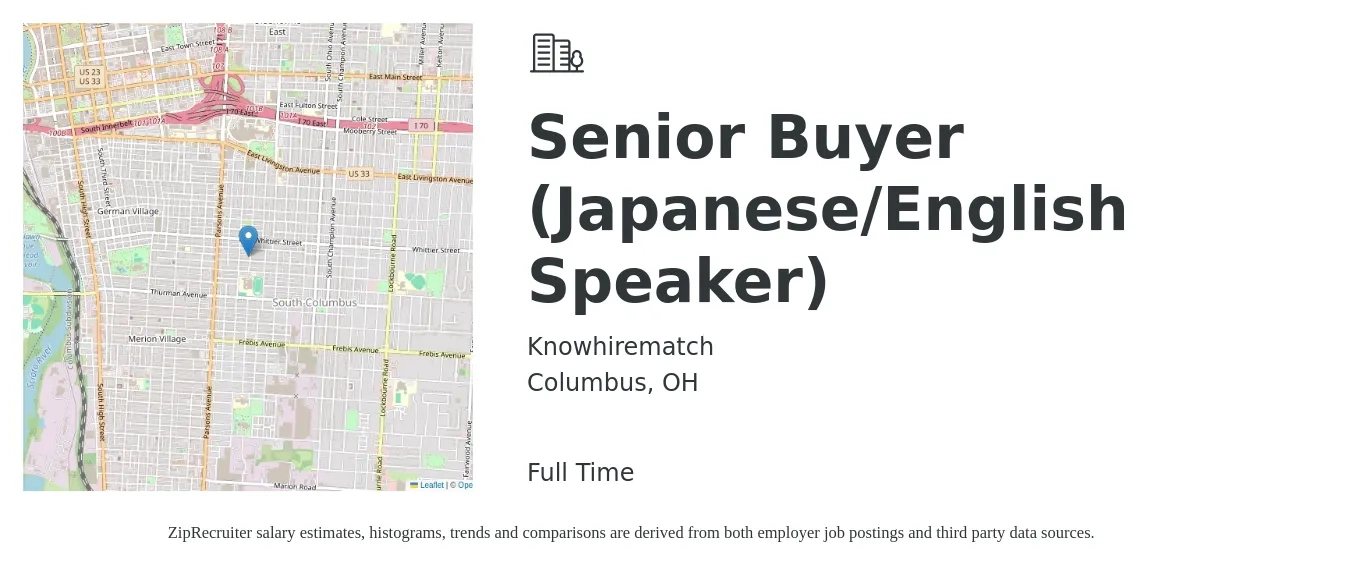 Knowhirematch job posting for a Senior Buyer (Japanese/English Speaker) in Columbus, OH with a salary of $53,100 to $76,300 Yearly with a map of Columbus location.