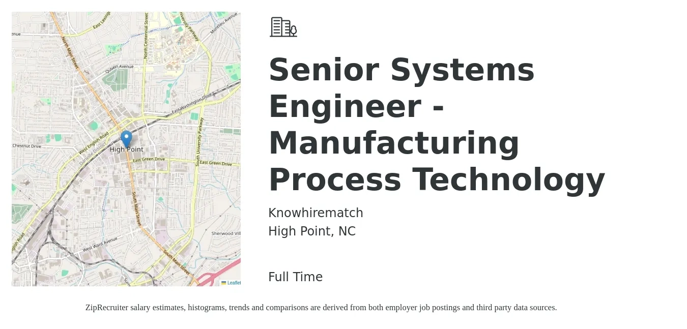 Knowhirematch job posting for a Senior Systems Engineer - Manufacturing Process Technology in High Point, NC with a salary of $93,200 to $127,600 Yearly with a map of High Point location.