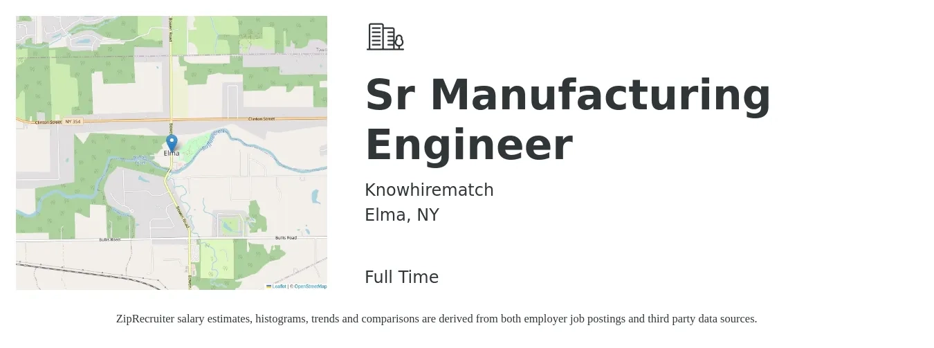 Knowhirematch job posting for a Sr Manufacturing Engineer in Elma, NY with a salary of $88,600 to $121,200 Yearly with a map of Elma location.