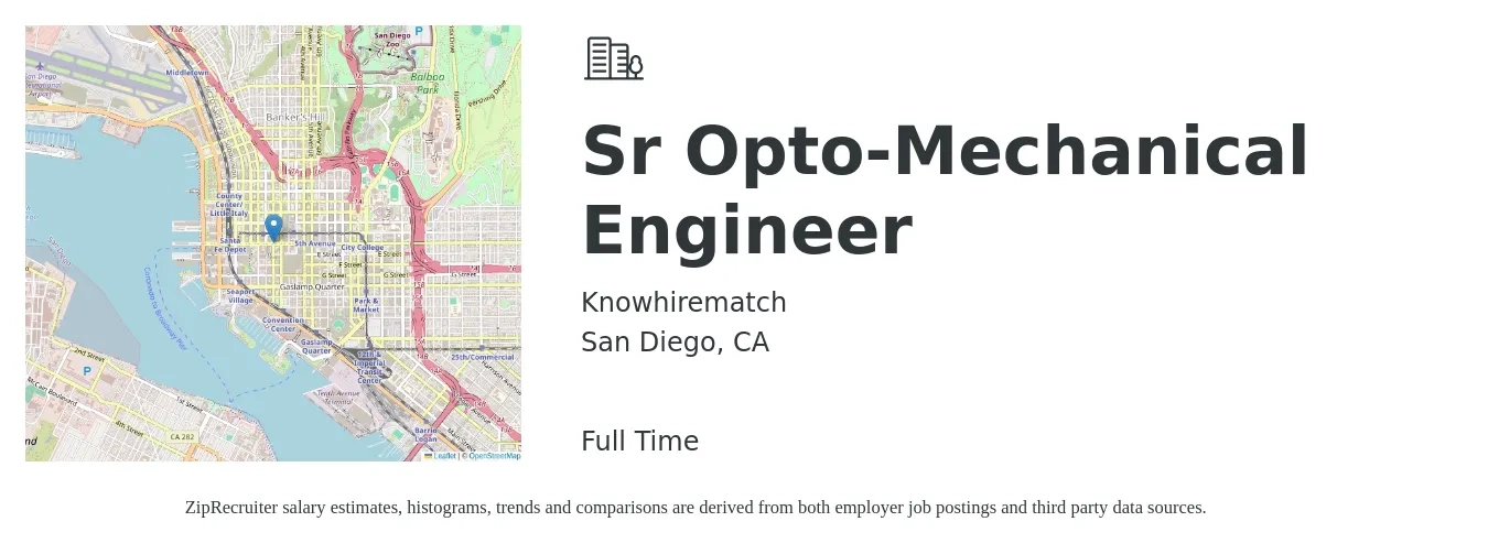 Knowhirematch job posting for a Sr Opto-Mechanical Engineer in San Diego, CA with a salary of $137,000 to $177,300 Yearly with a map of San Diego location.