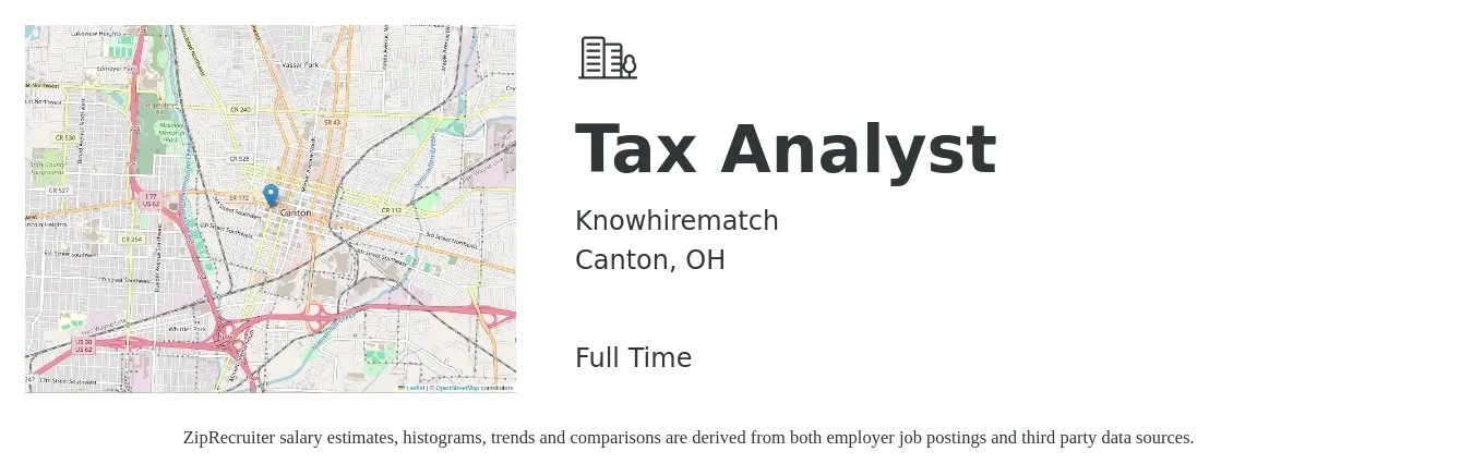 Knowhirematch job posting for a Tax Analyst in Canton, OH with a salary of $53,300 to $92,000 Yearly with a map of Canton location.