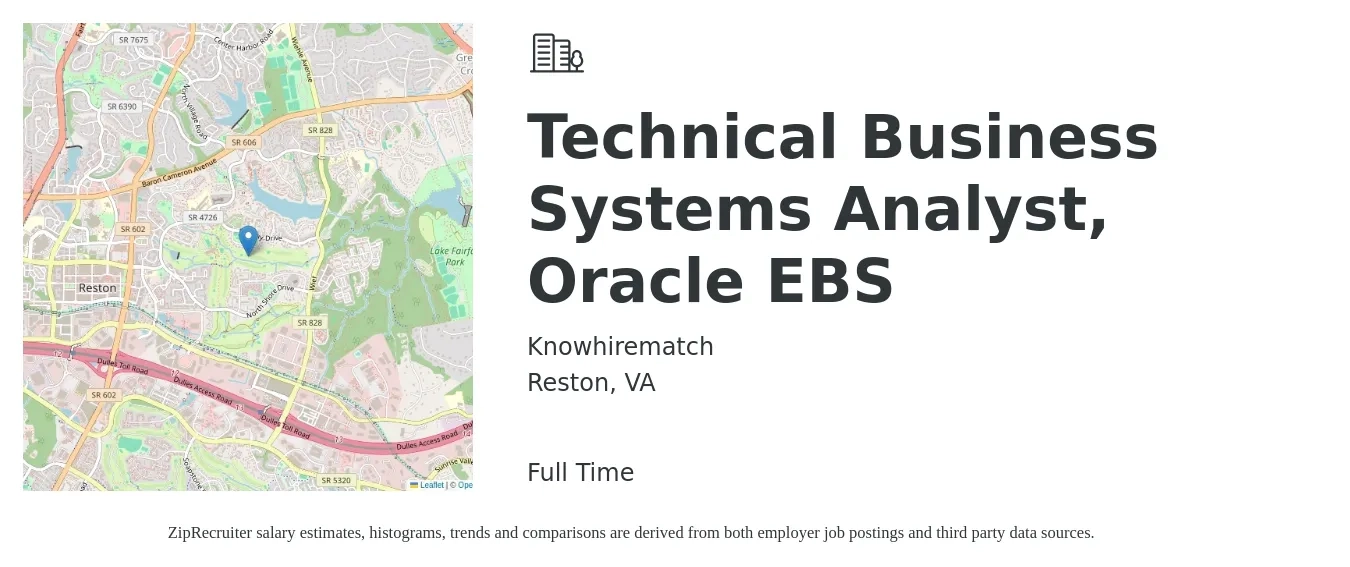 Knowhirematch job posting for a Technical Business Systems Analyst, Oracle EBS in Reston, VA with a salary of $40 to $60 Hourly with a map of Reston location.