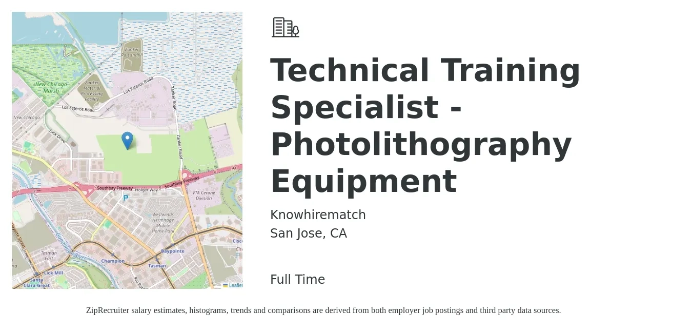 Knowhirematch job posting for a Technical Training Specialist - Photolithography Equipment in San Jose, CA with a salary of $43,900 to $81,500 Yearly with a map of San Jose location.