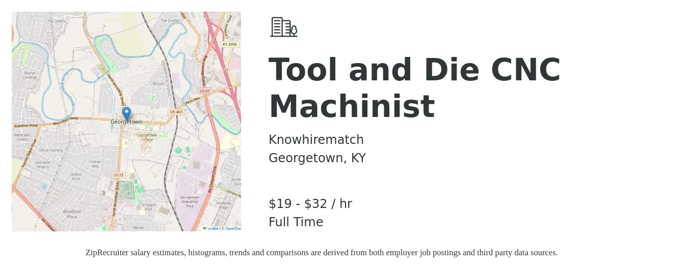 Knowhirematch job posting for a Tool and Die CNC Machinist in Georgetown, KY with a salary of $20 to $34 Hourly with a map of Georgetown location.