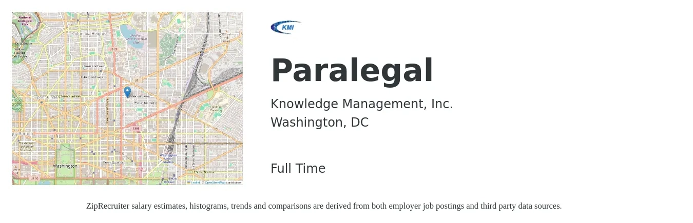 Knowledge Management, Inc. job posting for a Paralegal in Washington, DC with a salary of $54,400 to $77,600 Yearly with a map of Washington location.