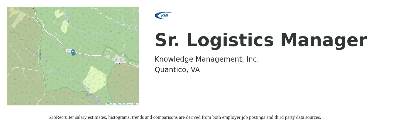 Knowledge Management, Inc. job posting for a Sr. Logistics Manager in Quantico, VA with a salary of $79,200 to $142,800 Yearly with a map of Quantico location.