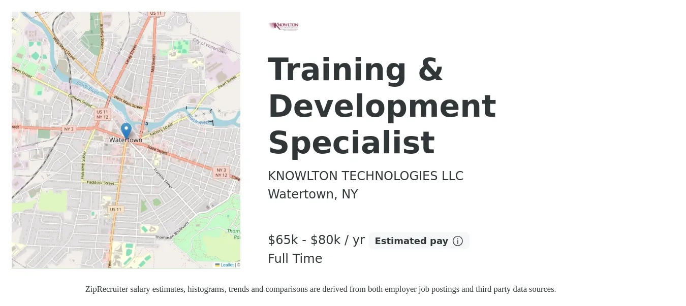 KNOWLTON TECHNOLOGIES LLC job posting for a Training & Development Specialist in Watertown, NY with a salary of $65,000 to $80,000 Yearly with a map of Watertown location.