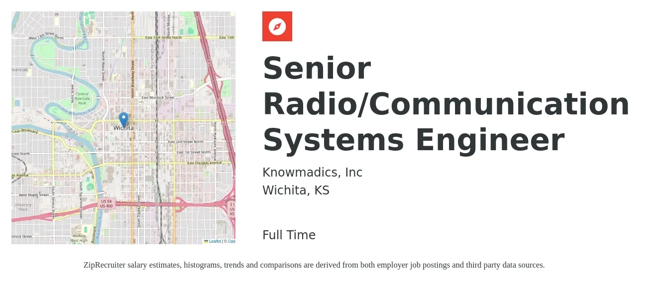 Knowmadics, Inc job posting for a Senior Radio/Communication Systems Engineer in Wichita, KS with a salary of $64,000 to $89,500 Yearly with a map of Wichita location.