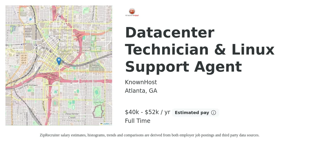 KnownHost job posting for a Datacenter Technician & Linux Support Agent in Atlanta, GA with a salary of $40,000 to $52,000 Yearly with a map of Atlanta location.