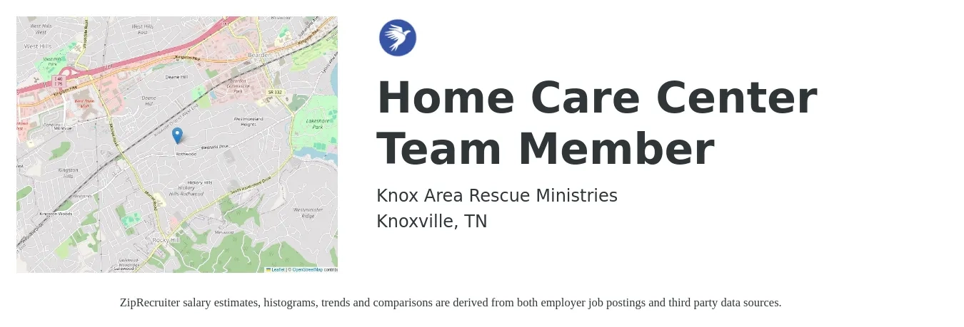 Knox Area Rescue Ministries job posting for a Home Care Center Team Member in Knoxville, TN with a salary of $18 to $19 Hourly with a map of Knoxville location.