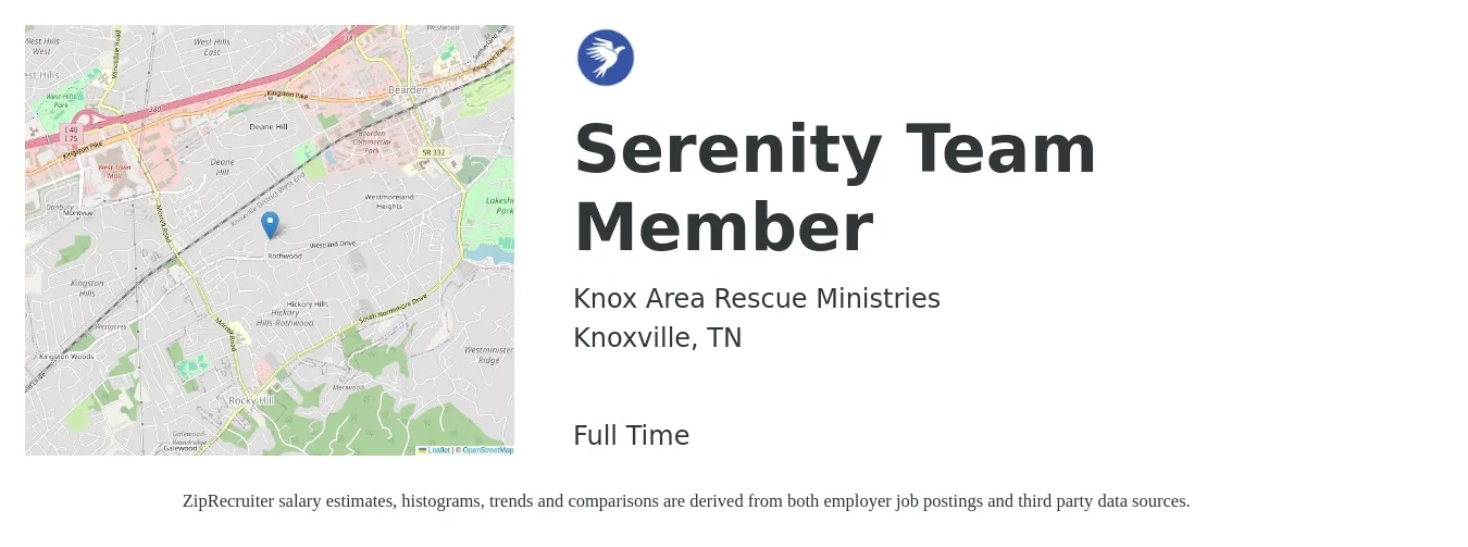 Knox Area Rescue Ministries job posting for a Serenity Team Member in Knoxville, TN with a salary of $11 to $17 Hourly with a map of Knoxville location.