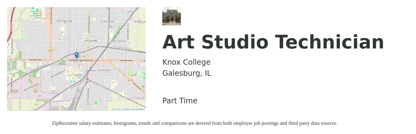 Knox College job posting for a Art Studio Technician in Galesburg, IL with a salary of $36,500 to $37,000 Yearly with a map of Galesburg location.
