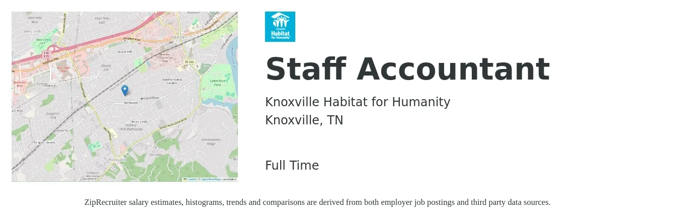 Knoxville Habitat for Humanity job posting for a Staff Accountant in Knoxville, TN with a salary of $48,100 to $63,400 Yearly with a map of Knoxville location.