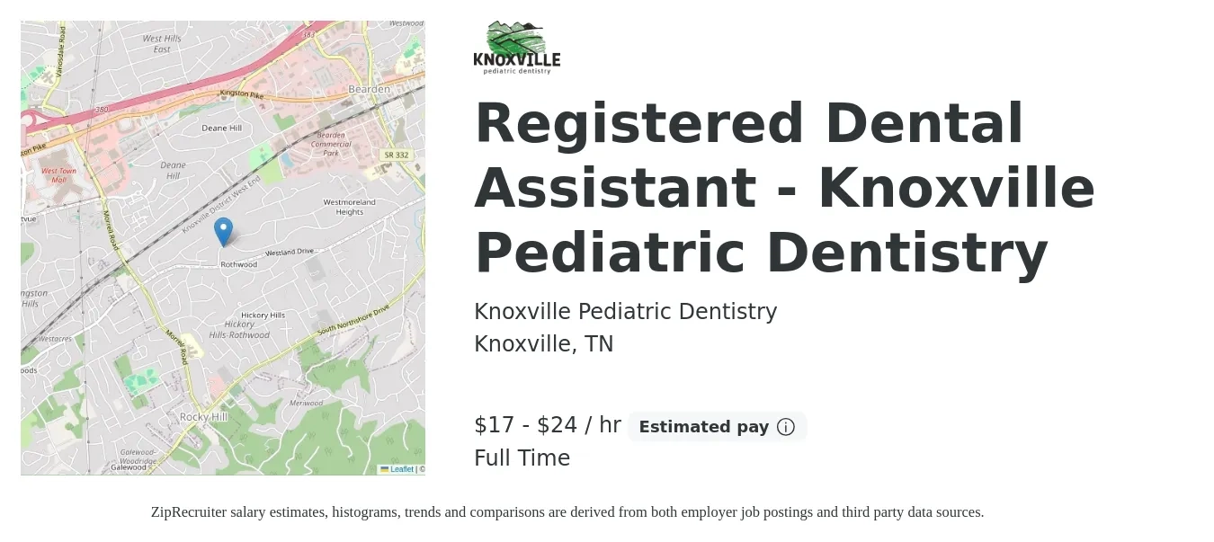 Knoxville Pediatric Dentistry job posting for a Registered Dental Assistant - Knoxville Pediatric Dentistry in Knoxville, TN with a salary of $18 to $25 Hourly with a map of Knoxville location.