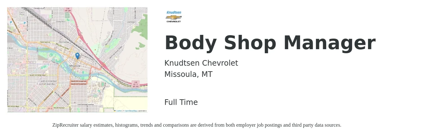 Knudtsen Chevrolet job posting for a Body Shop Manager in Missoula, MT with a salary of $18 to $37 Hourly with a map of Missoula location.