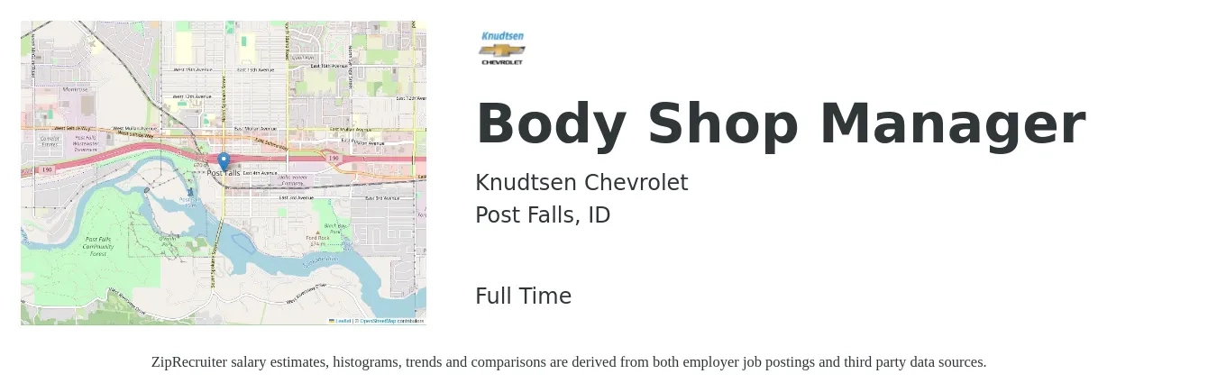 Knudtsen Chevrolet job posting for a Body Shop Manager in Post Falls, ID with a salary of $18 to $37 Hourly with a map of Post Falls location.
