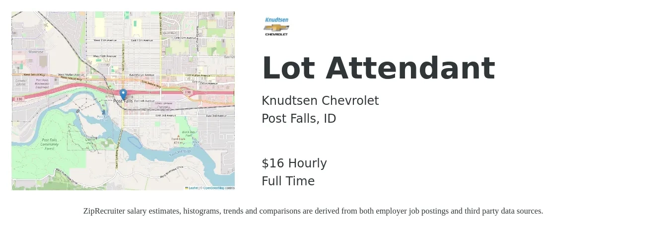 Knudtsen Chevrolet job posting for a Lot Attendant in Post Falls, ID with a salary of $17 Hourly with a map of Post Falls location.