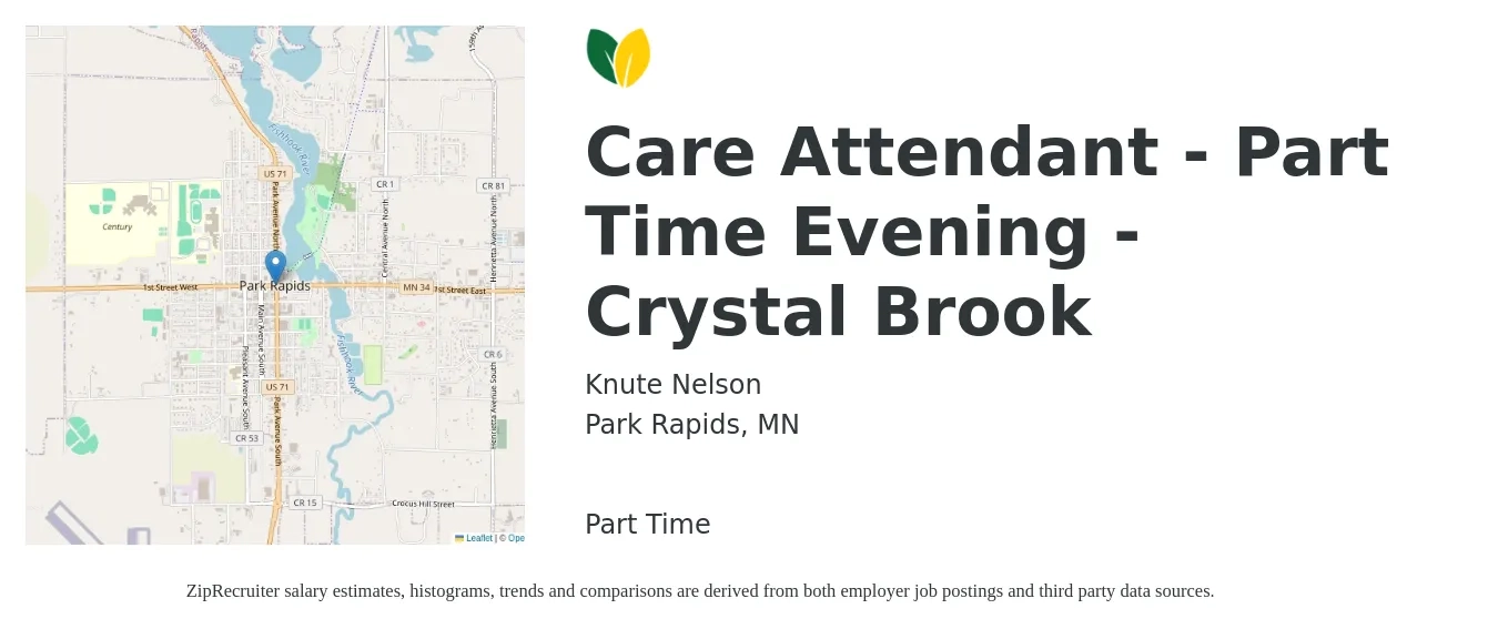 Knute Nelson job posting for a Care Attendant - Part Time Evening - Crystal Brook in Park Rapids, MN with a salary of $12 to $18 Hourly with a map of Park Rapids location.