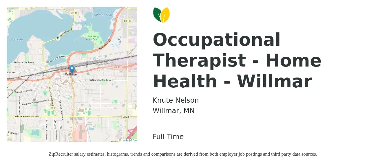 Knute Nelson job posting for a Occupational Therapist - Home Health - Willmar in Willmar, MN with a salary of $42 to $53 Hourly with a map of Willmar location.