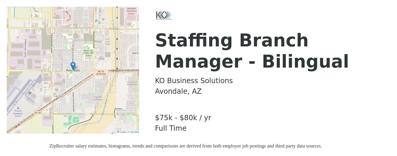 KO Business Solutions job posting for a Staffing Branch Manager - Bilingual in Avondale, AZ with a salary of $75,000 to $80,000 Yearly with a map of Avondale location.