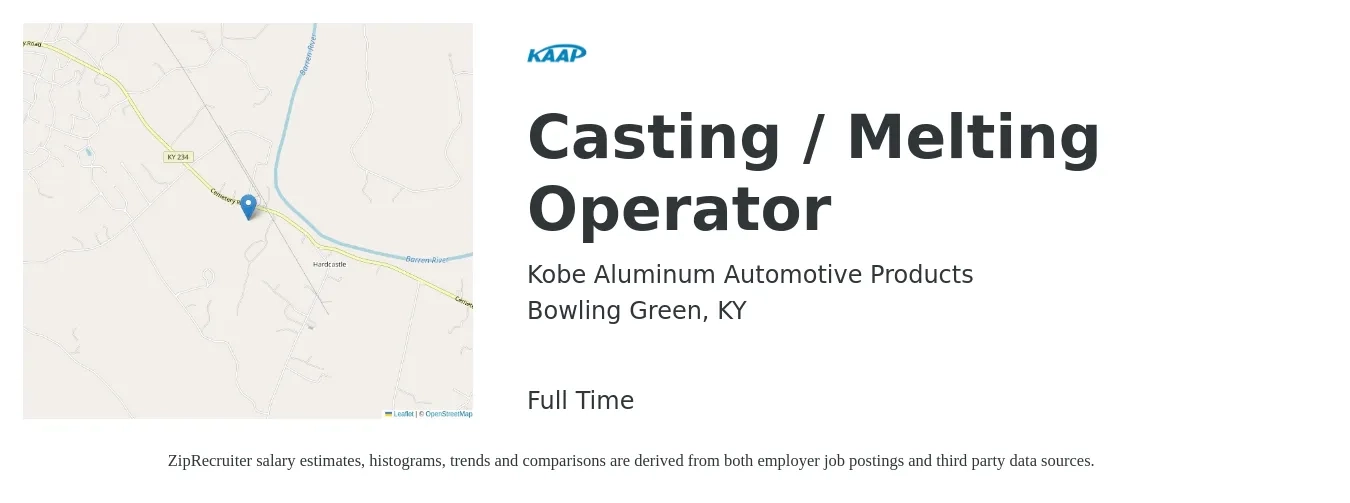 Kobe Aluminum Automotive Products job posting for a Casting / Melting Operator in Bowling Green, KY with a salary of $17 to $20 Hourly with a map of Bowling Green location.
