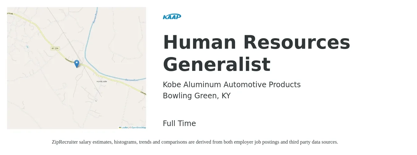 Kobe Aluminum Automotive Products job posting for a Human Resources Generalist in Bowling Green, KY with a salary of $51,000 to $72,500 Yearly with a map of Bowling Green location.
