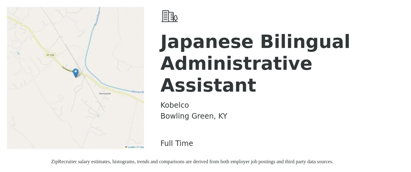 Kobelco job posting for a Japanese Bilingual Administrative Assistant in Bowling Green, KY with a salary of $17 to $22 Hourly with a map of Bowling Green location.