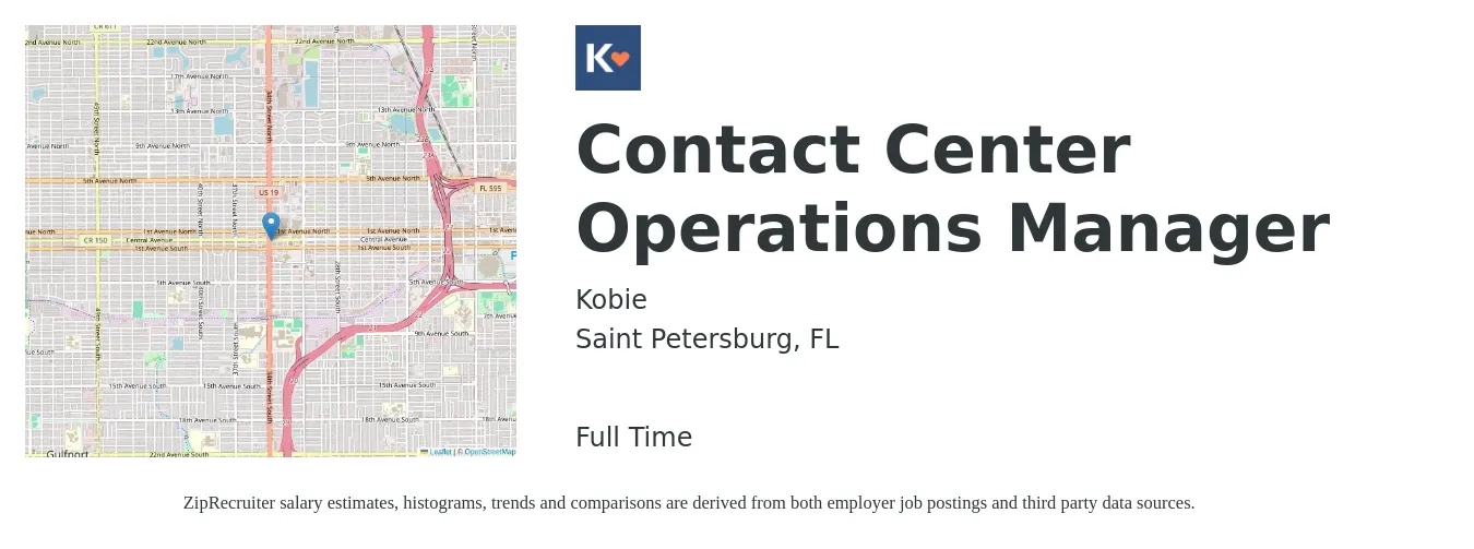 Kobie job posting for a Contact Center Operations Manager in Saint Petersburg, FL with a salary of $49,600 to $86,000 Yearly with a map of Saint Petersburg location.