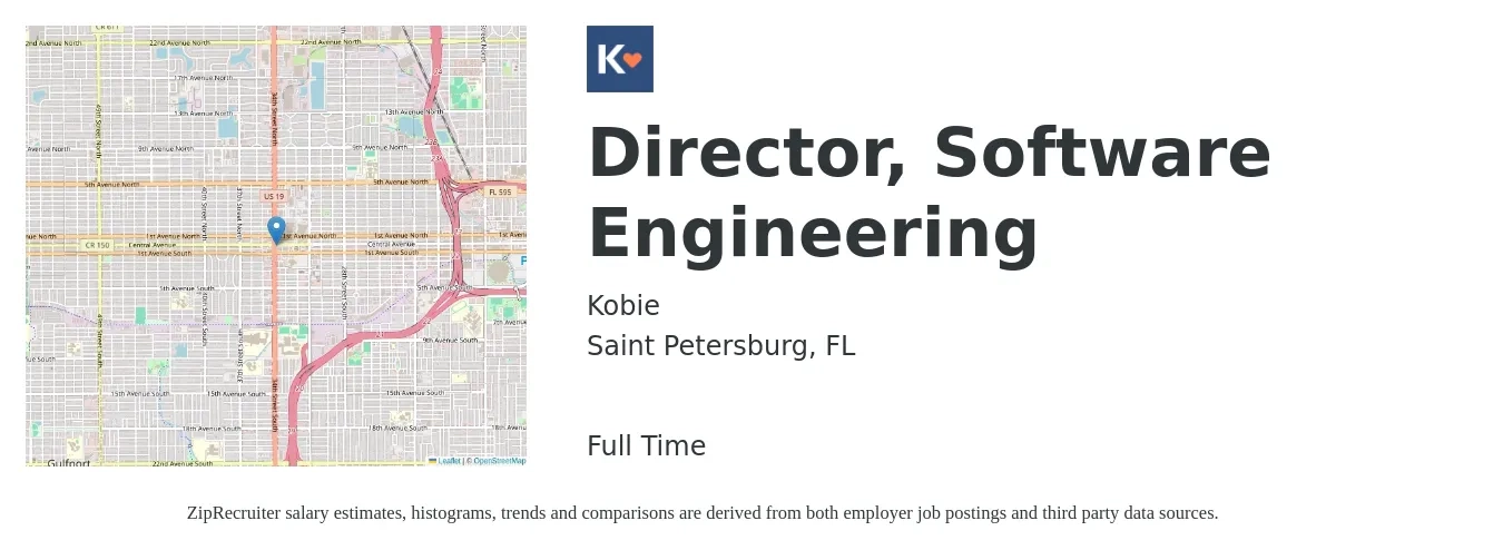 Kobie job posting for a Director, Software Engineering in Saint Petersburg, FL with a salary of $239,200 Yearly with a map of Saint Petersburg location.