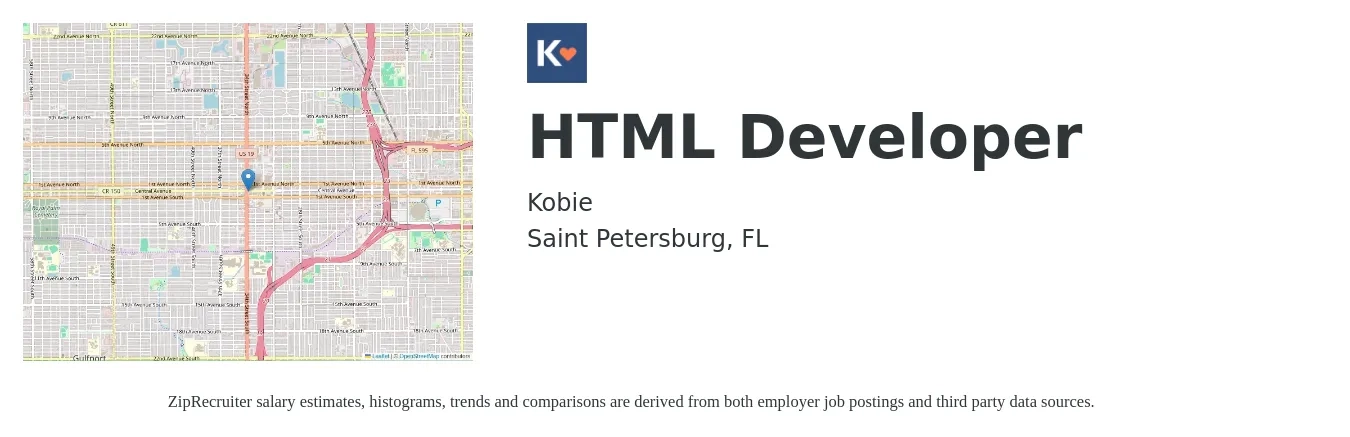 Kobie job posting for a HTML Developer in Saint Petersburg, FL with a salary of $46 to $59 Hourly with a map of Saint Petersburg location.