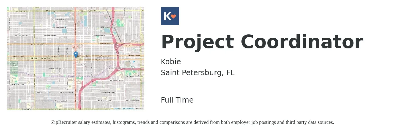 Kobie job posting for a Project Coordinator in Saint Petersburg, FL with a salary of $22 to $32 Hourly with a map of Saint Petersburg location.