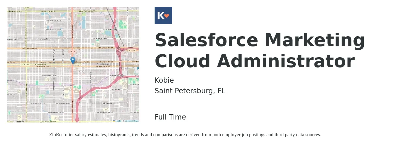 Kobie job posting for a Salesforce Marketing Cloud Administrator in Saint Petersburg, FL with a salary of $71,400 to $112,500 Yearly with a map of Saint Petersburg location.