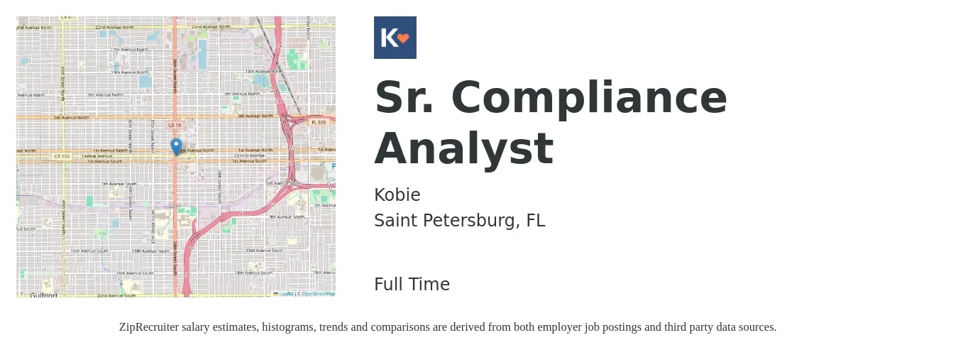 Kobie job posting for a Sr. Compliance Analyst in Saint Petersburg, FL with a salary of $66,700 to $96,400 Yearly with a map of Saint Petersburg location.