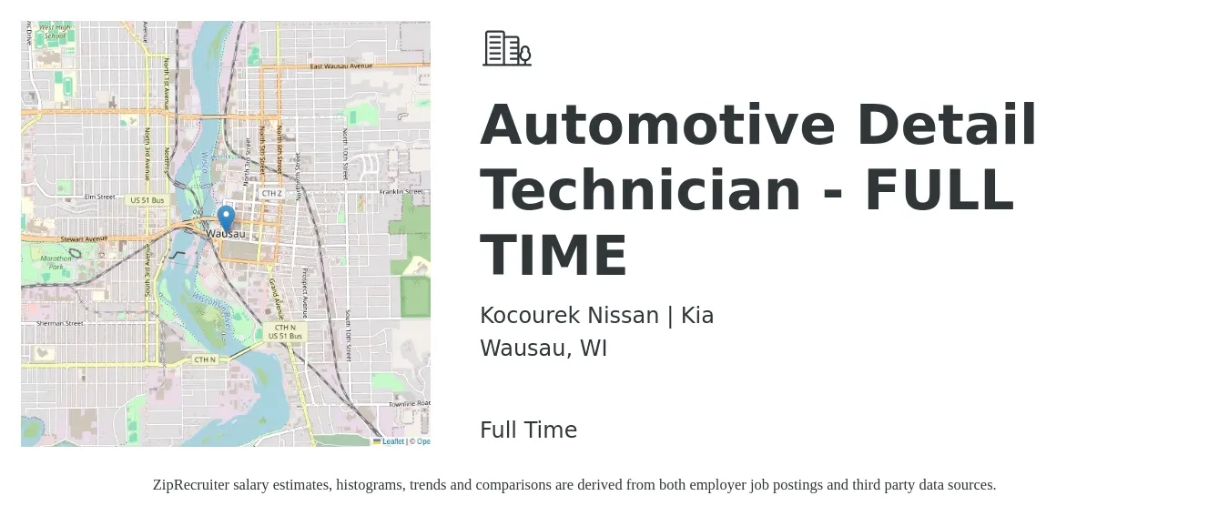 Kocourek Nissan | Kia job posting for a Automotive Detail Technician - FULL TIME in Wausau, WI with a salary of $17 to $23 Hourly with a map of Wausau location.