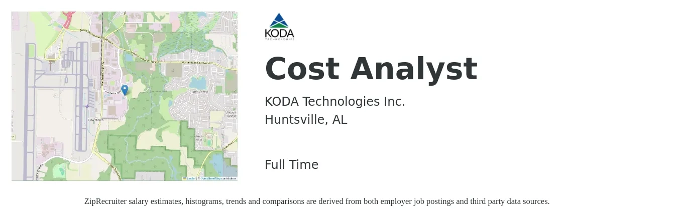 KODA Technologies Inc. job posting for a Cost Analyst in Huntsville, AL with a salary of $69,900 to $101,100 Yearly with a map of Huntsville location.