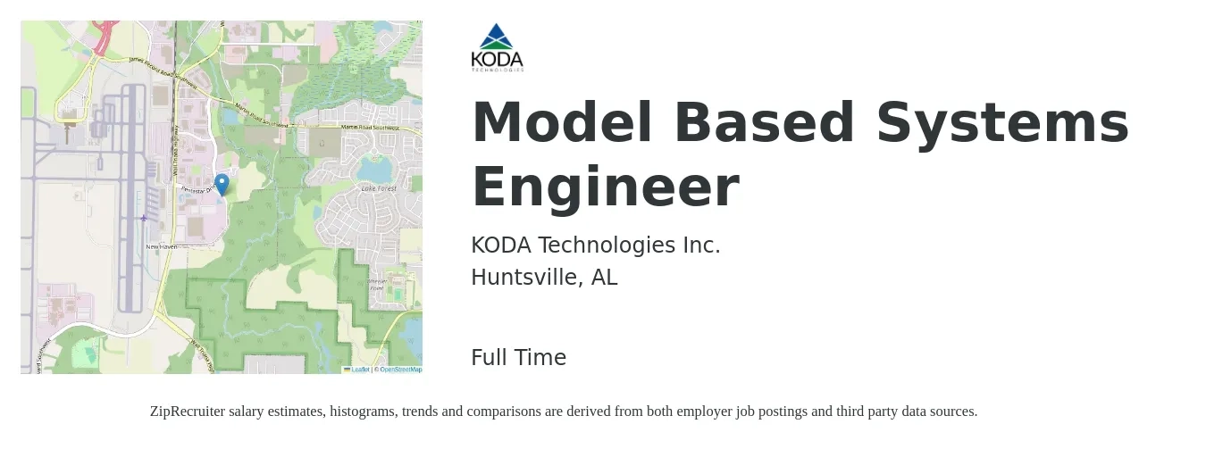 KODA Technologies Inc. job posting for a Model Based Systems Engineer in Huntsville, AL with a salary of $91,300 to $146,300 Yearly with a map of Huntsville location.