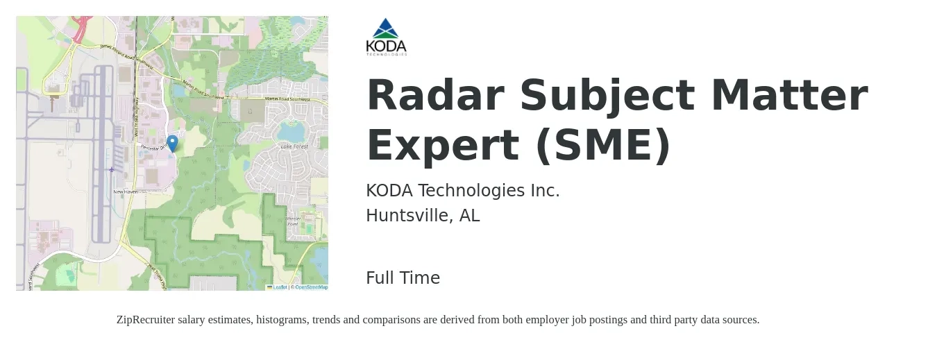 KODA Technologies Inc. job posting for a Radar Subject Matter Expert (SME) in Huntsville, AL with a salary of $110,900 to $138,400 Yearly with a map of Huntsville location.