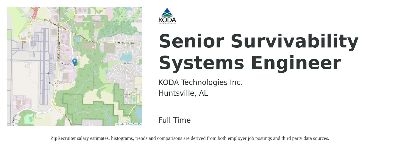 KODA Technologies Inc. job posting for a Senior Survivability Systems Engineer in Huntsville, AL with a salary of $97,400 to $133,200 Yearly with a map of Huntsville location.