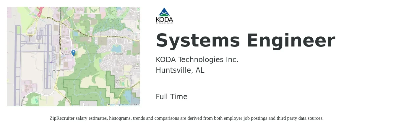 KODA Technologies Inc. job posting for a Systems Engineer in Huntsville, AL with a salary of $91,300 to $146,300 Yearly with a map of Huntsville location.