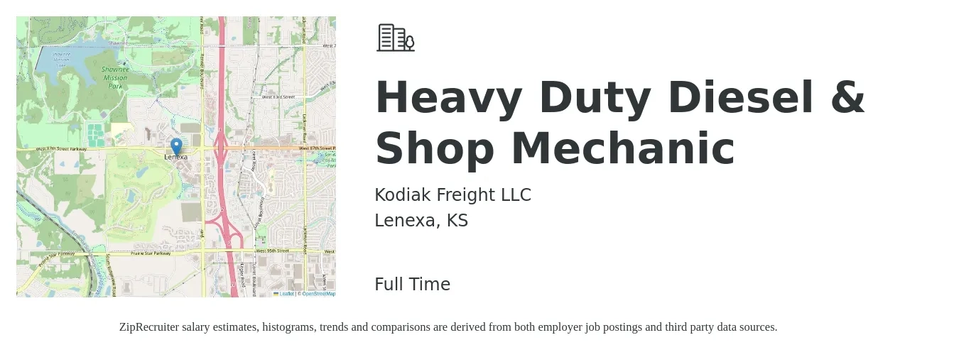 Kodiak Freight LLC job posting for a Heavy Duty Diesel & Shop Mechanic in Lenexa, KS with a salary of $23 to $31 Hourly with a map of Lenexa location.