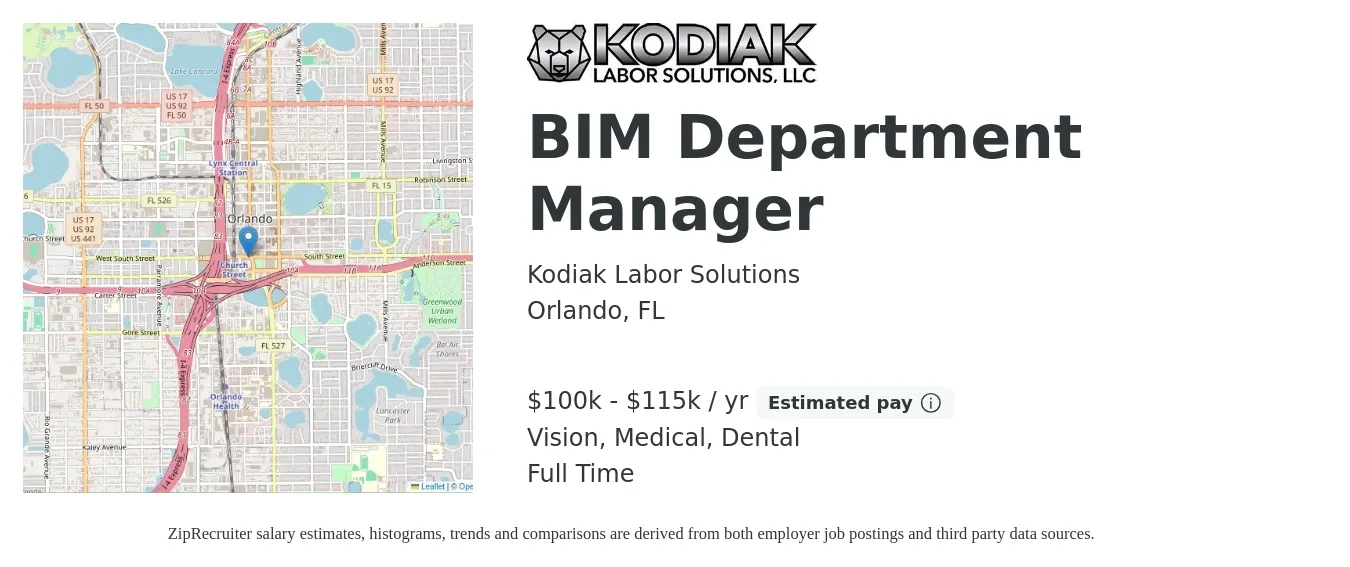 Kodiak Labor Solutions job posting for a BIM Department Manager in Orlando, FL with a salary of $100,000 to $115,000 Yearly and benefits including dental, life_insurance, medical, pto, retirement, and vision with a map of Orlando location.