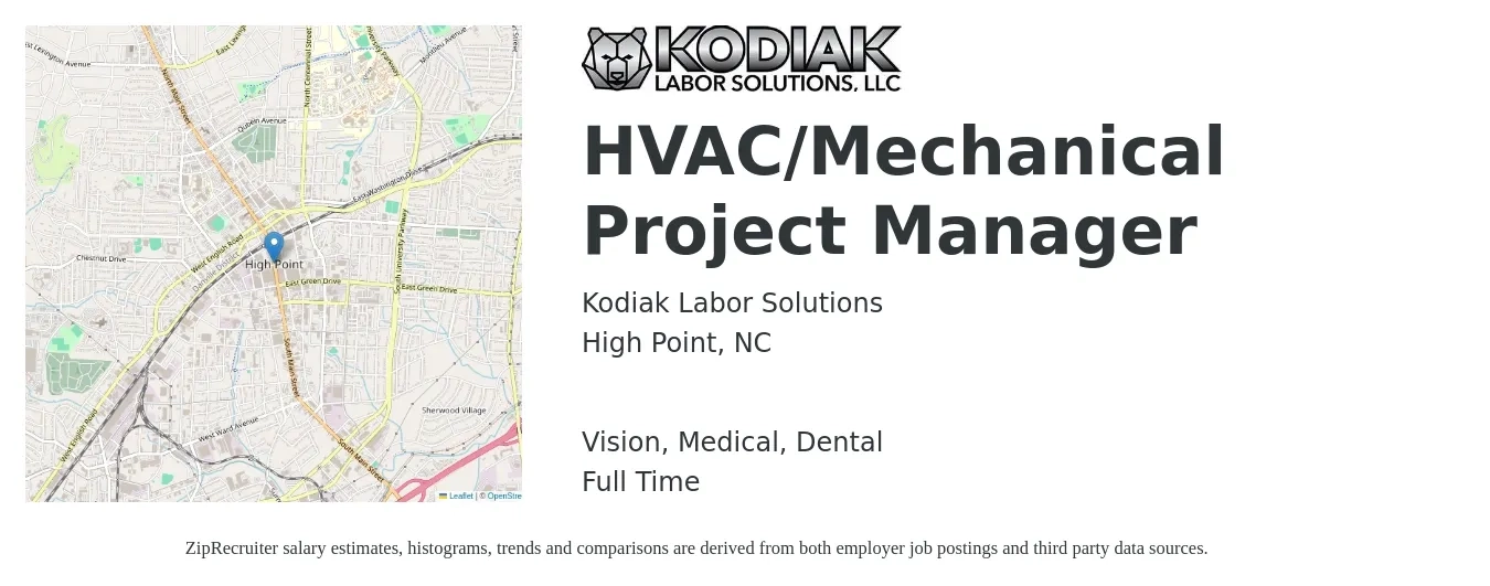 Kodiak Labor Solutions job posting for a HVAC/Mechanical Project Manager in High Point, NC with a salary of $80,700 to $109,300 Yearly and benefits including retirement, vision, dental, life_insurance, medical, and pto with a map of High Point location.