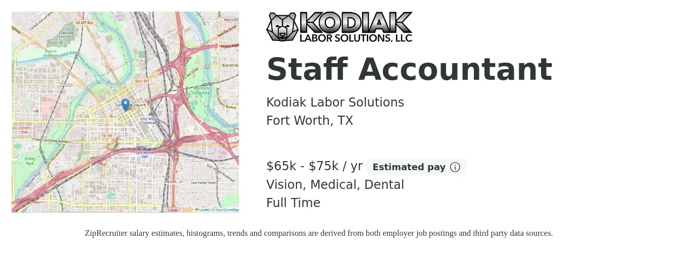 Kodiak Labor Solutions job posting for a Staff Accountant in Fort Worth, TX with a salary of $80,000 to $90,000 Yearly and benefits including dental, medical, and vision with a map of Fort Worth location.