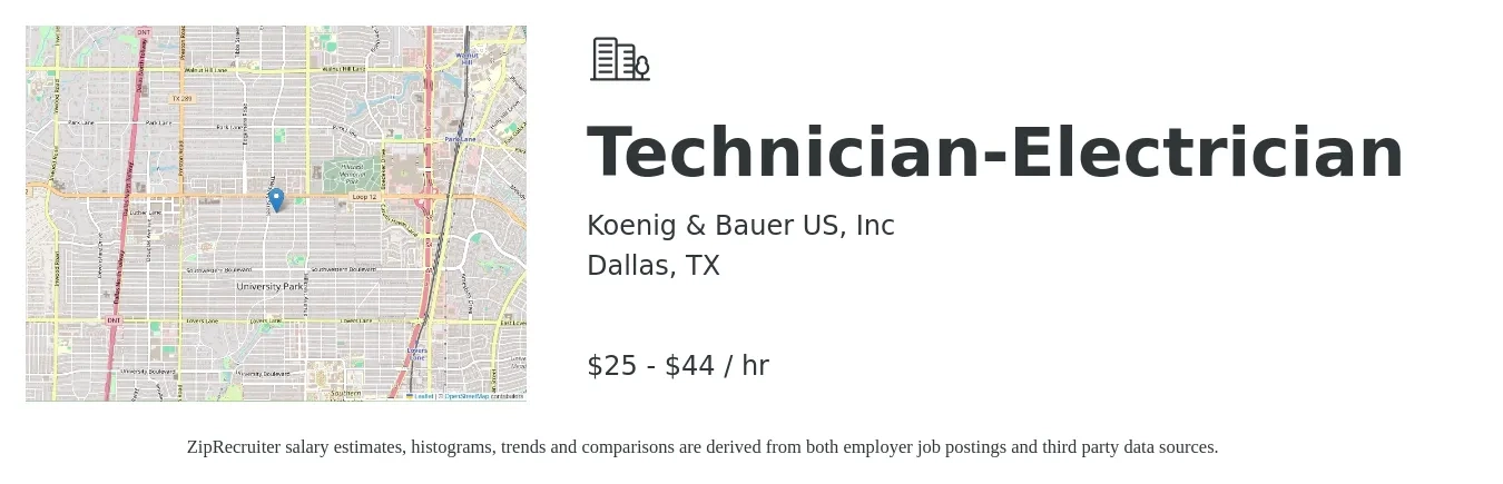 Koenig & Bauer US, Inc job posting for a Technician-Electrician in Dallas, TX with a salary of $27 to $46 Hourly with a map of Dallas location.