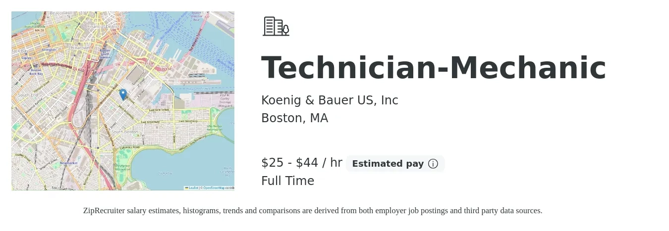 Koenig & Bauer US, Inc job posting for a Technician-Mechanic in Boston, MA with a salary of $27 to $46 Hourly with a map of Boston location.