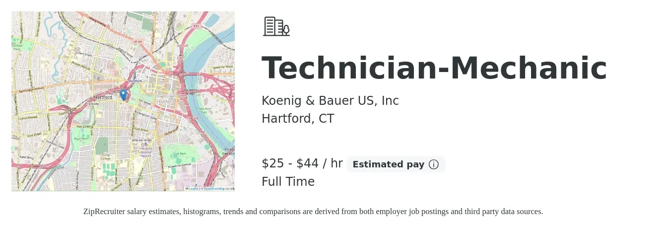 Koenig & Bauer US, Inc job posting for a Technician-Mechanic in Hartford, CT with a salary of $27 to $46 Hourly with a map of Hartford location.