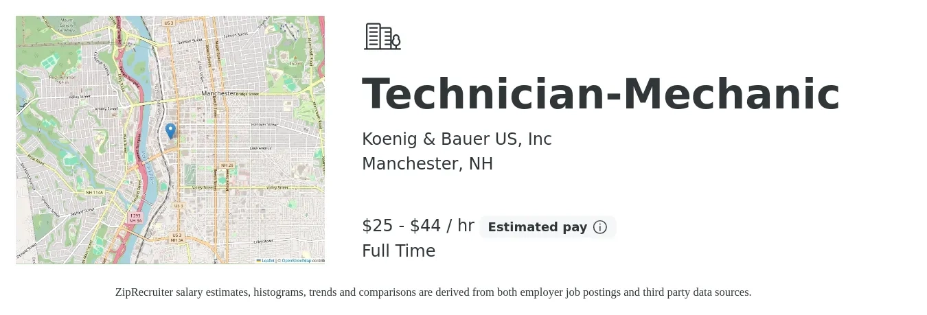 Koenig & Bauer US, Inc job posting for a Technician-Mechanic in Manchester, NH with a salary of $27 to $46 Hourly with a map of Manchester location.